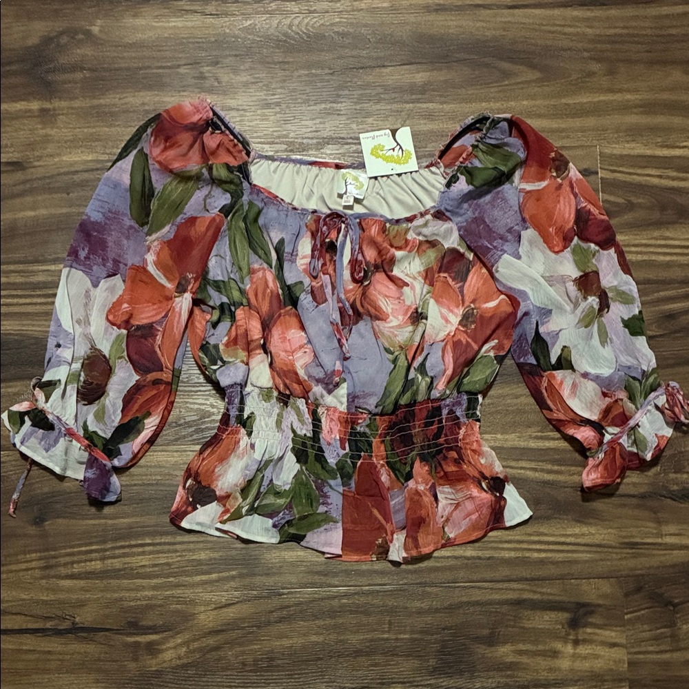fig and flower Floral Smocked Peasant Crop Top - Coral, Lavender, Green